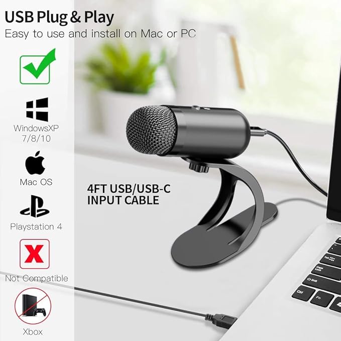 LIANGSTAR USB Computer Microphone, Podcast Mic Desktop with Mute Button for Recording Streaming, Omnidirectional Condenser, Plug&Play Stand with Volume Control for PC, Laptop, Mac, YouTube