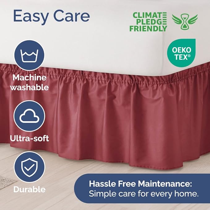 Wrap Around Dust Ruffle Bed Skirt - Burgundy - for King Size Beds with 18 Inch Drop - Easy Fit Elastic Strap - Adjustable Pleated Bedskirt w/Brushed Fabric Wrinkle Free - for Women, Men, Kids & Teens