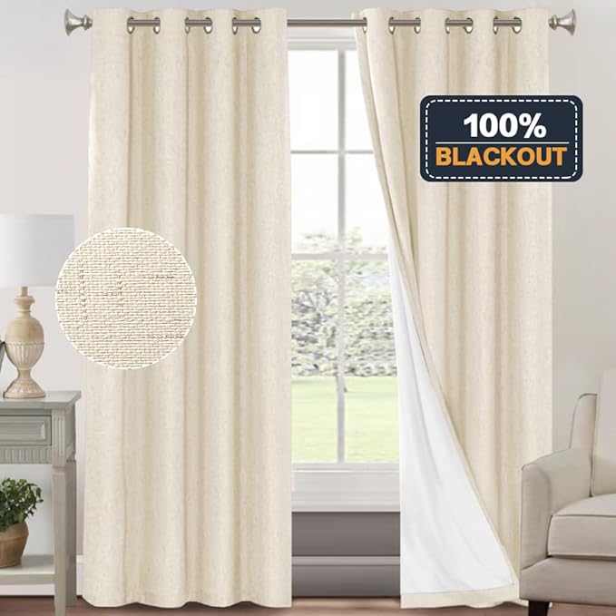 PrinceDeco 100% Blackout Linen Curtains for Bedroom Rich Textured Window Curtain Room Darkening Thick Thermal Curtain for Living Room Light Blocking Curtains & Drapes 84 Inches 2 Panels,Bleached Sand
