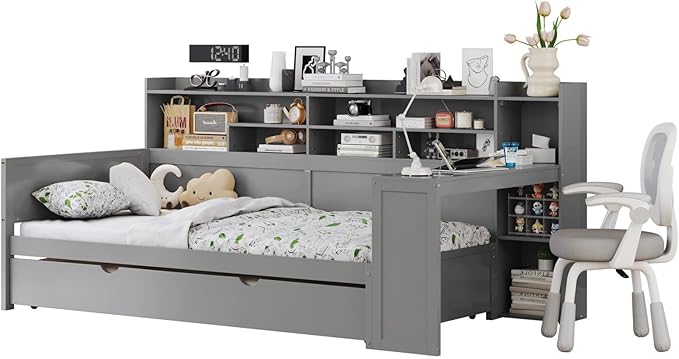 Merax Twin Size Corner Bed Frames with Desk and Trundle & Storage Shelves Headboard, Pinewood U-Shaped Captain Daybed for Small Room, Bedroom, Guest Room, Kids' Room, Grey