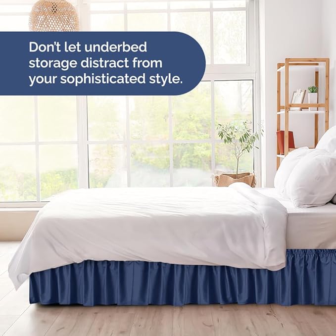 Wrap Around Dust Ruffle Bed Skirt - Navy Blue - for Queen Size Beds w/ 14 Inch Drop - Easy Fit Elastic Strap - Adjustable Pleated Bedskirt with Brushed Fabric, Wrinkle Free Women, Men, Kids and Teens