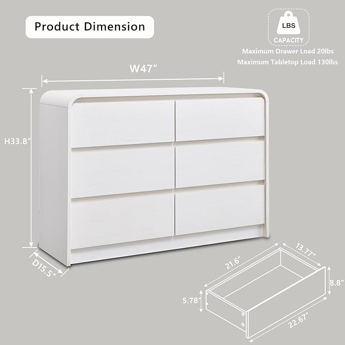Modern 6 Drawers Dresser for Bedroom, 47" Wide Wood Dressers & Chests of Drawers with Curved Profile Design, Mid Century Modern Dresser for Closet for Bedroom, Living Room, Antique White