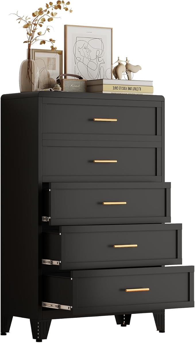 5 Drawer Dresser, Metal Tall Dresser for Bedroom, Black Bedroom Dressers with Drawers, Curved Corner Design Dressers & Chest of Drawers, Storage Cabinet for Hallway, Entryway (Black)