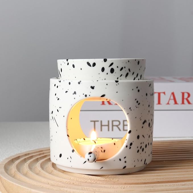 Ceramic Fragrance lamp with Tea Light Holder | Aroma lamp | Scented Oil and Scented Wax Diffuser | H*11cm ø10cm Removable Bowl | Grooved Surface (Inkblot)