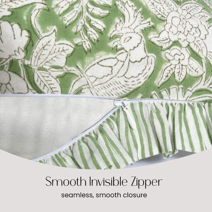 CPC Block Print Olive Green Ruffle Cotton Lumbar Pillow Cover 12x20 inch - Image 3