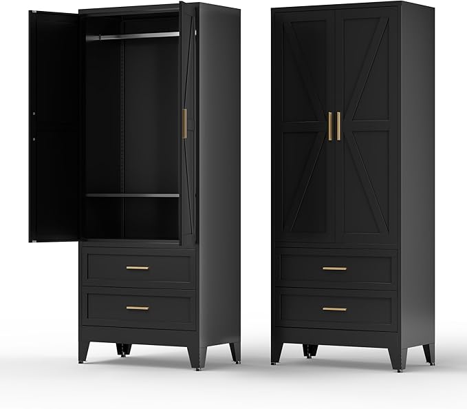 COFaR Metal Wardrobe Cabinet, 71 Farmhouse Armoire Wardrobe Closet with Rods, 2 Barn Doors, Adjustable Shelves, Steel with 2 Drawer Bedroom armoires, Black
