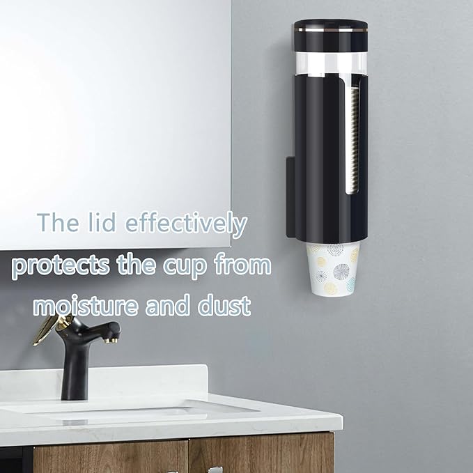 Cup Dispenser, Wall Mount Water Cooler Cup Dispenser fits 4-7 oz Disposable Paper and Plastic Cups, Pull Type Cup Holder for Bathroom, Office, Break Room, Gym, Black