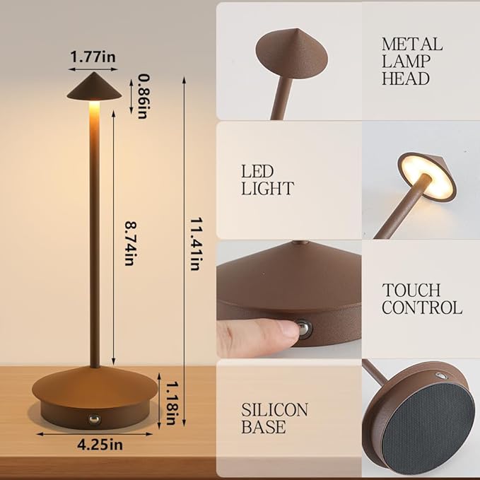 2 Pack LED Rechargeable Cordless Table Lamps,Portable Outdoor 5000mAh Battery Operated Table Light Touch Control 3 Color Dimmable Table Lamp for Patio/Cofee/Restaurant/Camping/Dining/Bedroom-Brown
