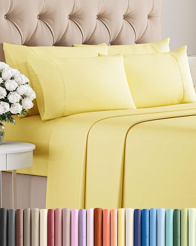 Full 6 Piece Sheet Set - Cooling, Comfy & Breathable - Hotel Luxury Bedding, Includes Fitted Sheet for Women, Men, Kids and Teens - 1 Flat, 1 Fitted Sheet, 4 Pillowcases with Deep Pockets - Yellow