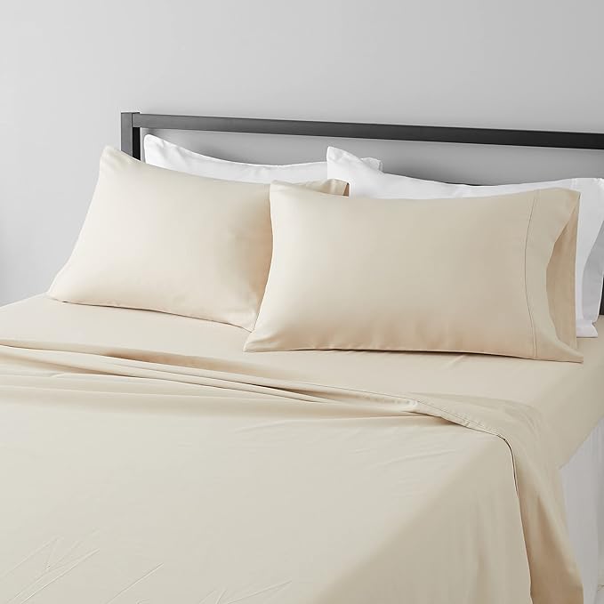 Amazon Basics Lightweight Super Soft Easy Care Comfortable Microfiber 4-Piece Bed Sheet Set with 14-Inch Deep Pockets, King, Beige, Solid