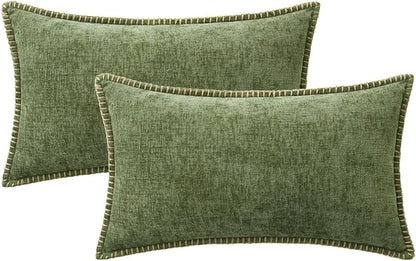 MIULEE Pack of 2 Couch Throw Pillow Covers 12x20 Inch Sage Green Farmhouse Decorative Pillow Covers with Stitched Edge Soft Chenille Solid Dyed Spring Pillow Covers for Sofa Bed Living Room