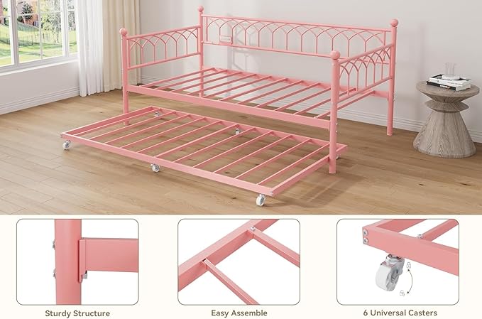 GarveeHome Twin Size Daybed with Charging Station and LED Lights, Metal Bed Frame with Trundle, Sofa Beds Frame with Steel Slat Support for Living Room, Guest Room, Apartment, Small Spaces, Pink