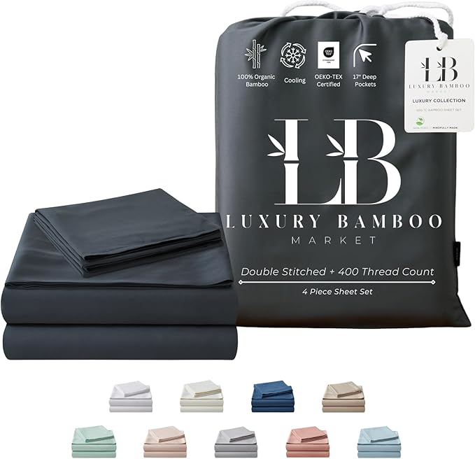 Split King Size Sheet Set | 2 Fitted Sheets for Sleep Number & Adjustable Beds | Organically Grown | Ultra Soft & Cooling |100% Viscose | 17" Deep Pocket [Charcoal Grey]