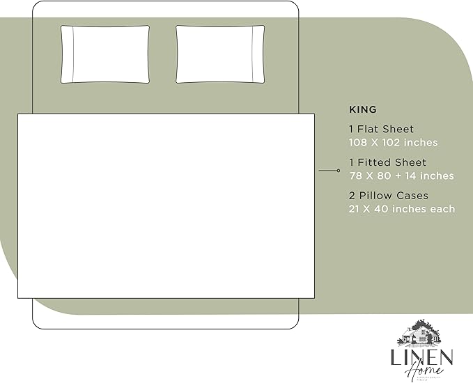 Linen Home 100% Cotton Percale Sheets King Size, Sage, Deep Pocket, 4 Pieces Set - 1 Flat, 1 Deep Pocket Fitted Sheet and 2 Pillowcases, Crisp Cool and Strong Bed Linen