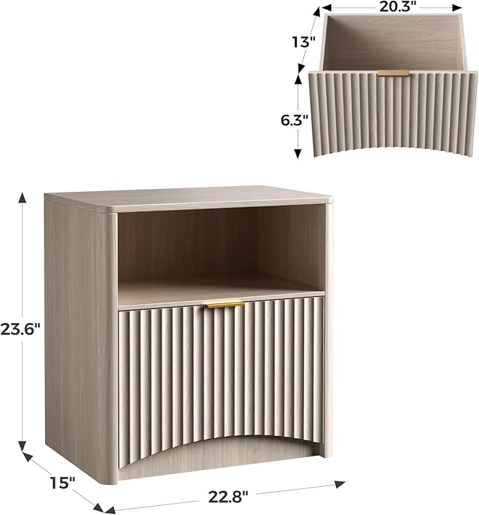 Evermagin Fluted Nightstand Set of 2, Bedside Table with Drawer and Storage, Wood End Table Mid Century Modern, Large Night Stand for Bedroom, White Alder