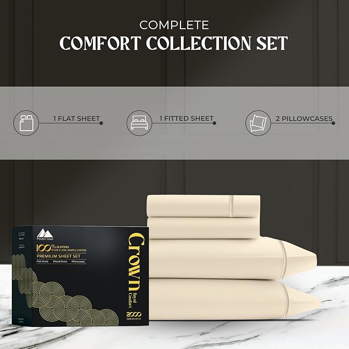 Mayfair Linen 100% Egyptian Cotton King Sheets Set - 2000 Series Luxury Sheets King Size Bed Set, Silky Soft & Cooling, Sateen Weave 17" Extra Deep Pocket Hotel Collection Sheet (4 Pc, Ivory)