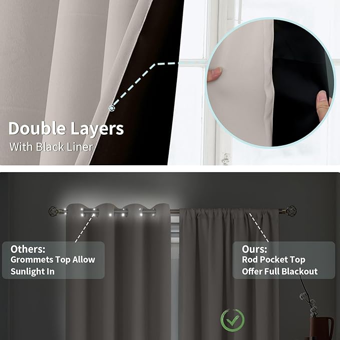 BGment Blackout Curtains for Bedroom 72 Inch Long, Thermal Insulated Full Room Darkening Bedroom Curtains, Heavy Sun Blocking Soundproof Window Curtains with Rod Pocket, 2 Panels, 52 Wide, Cashmere