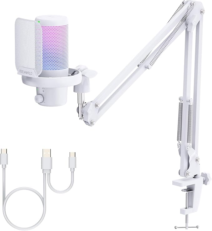 FEELWORLD VM1 White Gaming PC USB Microphone Condenser Mic with Noise Cancellation Mute RGB Light, Computer Accessories Gifts for Gamer YouTube Twitch Podcast Streaming Recording Online Chat PS4 PS5