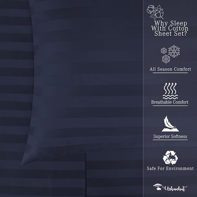 URBANHUT 800 Thread Count 100% Cotton Damask Queen Size Sheets, 4 Piece Striped Queen Size Bedsheets, Luxury Hotel Sheets Sateen Weave - Better Than Egyptian, 16" Elasticized Deep Pocket- Navy Blue