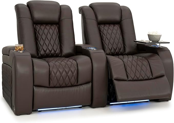 Seatcraft Diamante Zero-Gravity CoolZero Italian Leather Home Theater Seating, Power Headrest, Power Recline, Row of 2, Brown
