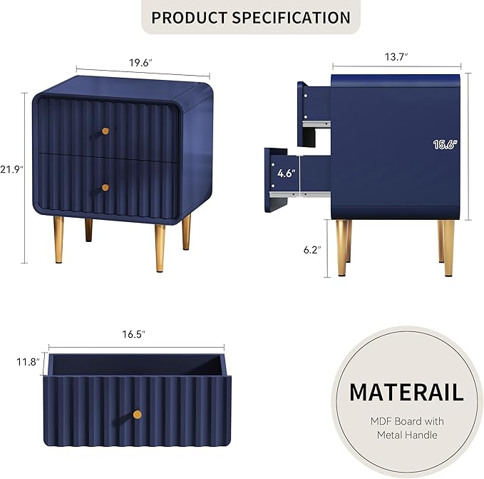 HLR Modern Nightstand, Fluted Bed Side Table with 2 Drawers Storage, Wood End Table with Gold Metal Handle, Blue Night Stands for Bedroom