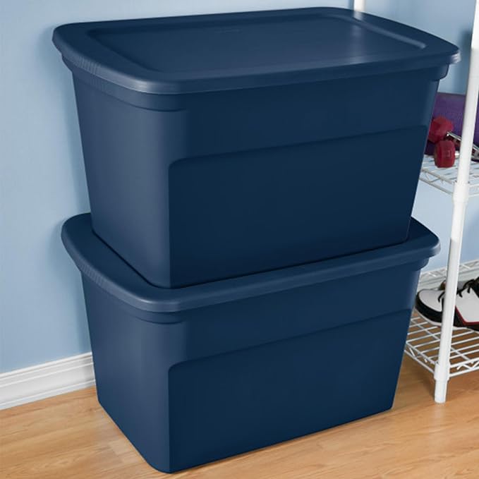 Sterilite 12-Pack Tote, Plastic Storage Bins with Snap Lids, 30 Gallon, Marine Blue - Stackable Home Organizers with In-Molded Handles for Bedroom, Garage, Basement and Attic