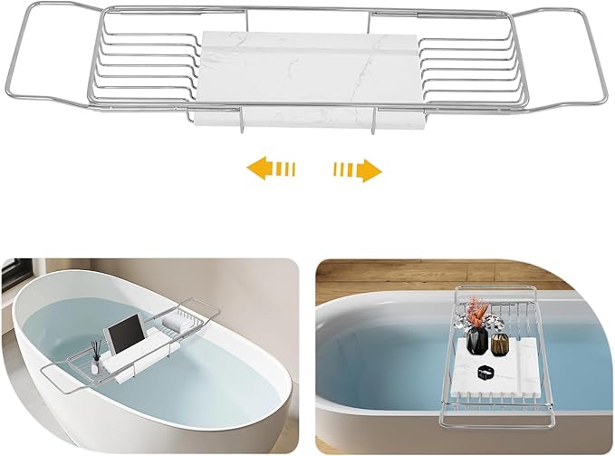 Bathtub Tray & Bathtub Caddy, Expandable Stainless Steel Bath Tub Table with Reading Holder, Adjustable Over The Tub Tray for Bathroom Accessories and Organization