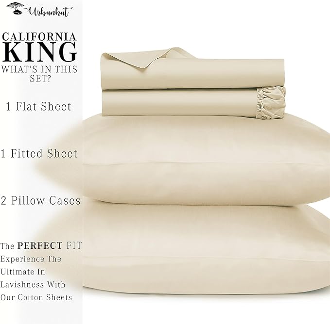 URBANHUT 800 Thread Count 100% Cotton California King Size Sheets, Luxury 4 Piece Cal King Bedsheets, Hotel Sheets Sateen Finish - Better Than Egyptian, 16" Elasticized Deep Pocket - Ivory