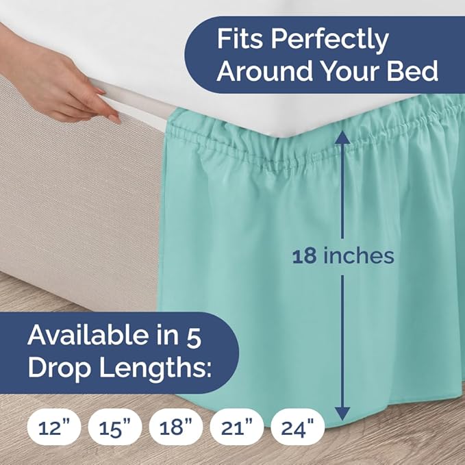 Wrap Around Dust Ruffle Bed Skirt - Spa Blue - Twin/Twin XL Size Beds with 18 Inch Drop - Easy Fit Elastic Strap - Adjustable Pleated Bedskirt w/Brushed Fabric Wrinkle Free - Women, Men, Kids & Teens