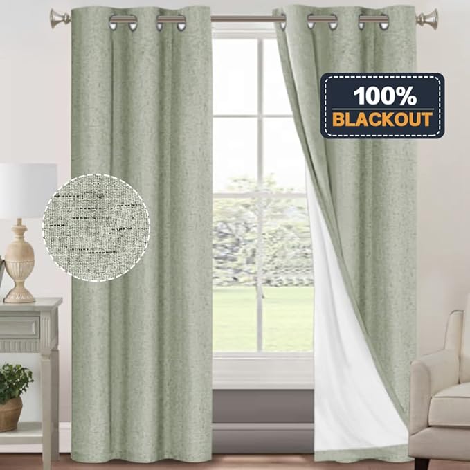 PrinceDeco 100% Blackout Curtains 84 inches Long for Bedroom Linen Texture Blackout Curtains for Living Room Solid Window Treatment Drapes with White Liner Grommet Room Darkening Curtains,Sage,2 Pack