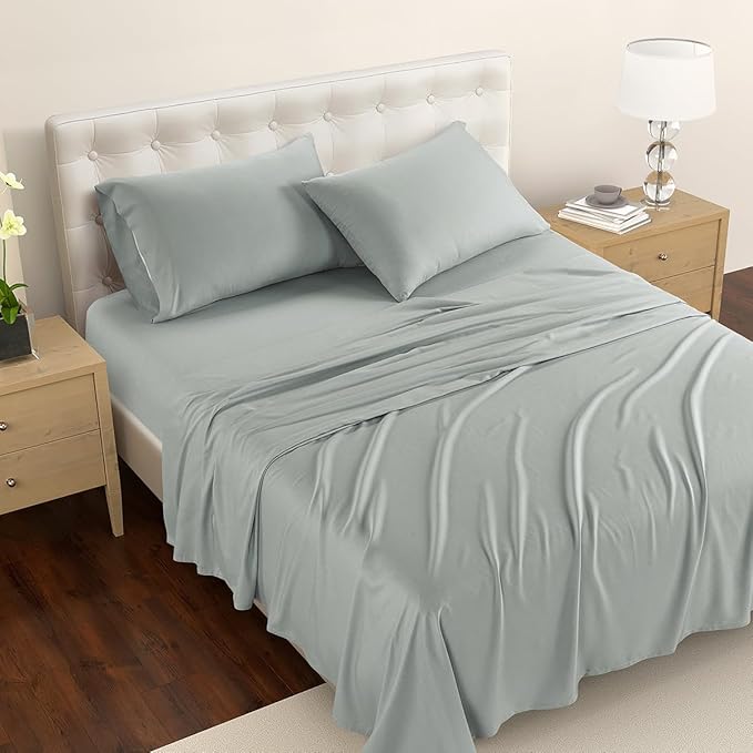 Reebok Queen Sheet Set from Tencel Eucalyptus - Soft, Cooling & Breathable for Hot Sleepers, Deep Pocket Up to 17 Inches, 4Pc Hotel Luxury Bedding Set, Bedsheet & Pillowcases (Lunar Rock, Queen)