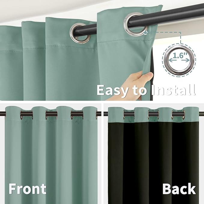 BGment Thermal Insulated 100% Blackout Curtains for Bedroom with Black Liner, Double Layer Full Room Darkening Noise Reducing Grommet Curtain (42 x 72 Inch, Frosty Green, 2 Panels)