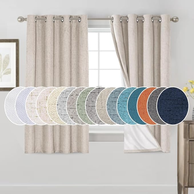 PrinceDeco 100% Blackout Curtains for Bedroom Linen Blackout Curtains 63 Inches Length Thermal Insulated Textured Drapes for Living Room 2 Panels Set,52" W x 63" L,Natural