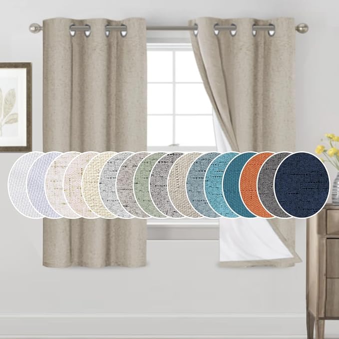 PrinceDeco Linen Texture Curtains Soild 100% Blackout Thermal Insulated with White Liner Blackout Curtains for Bedroom 64 Inches Long 2 Panels,42" Wide,64" Length Noise Reducing Curtains, Stone