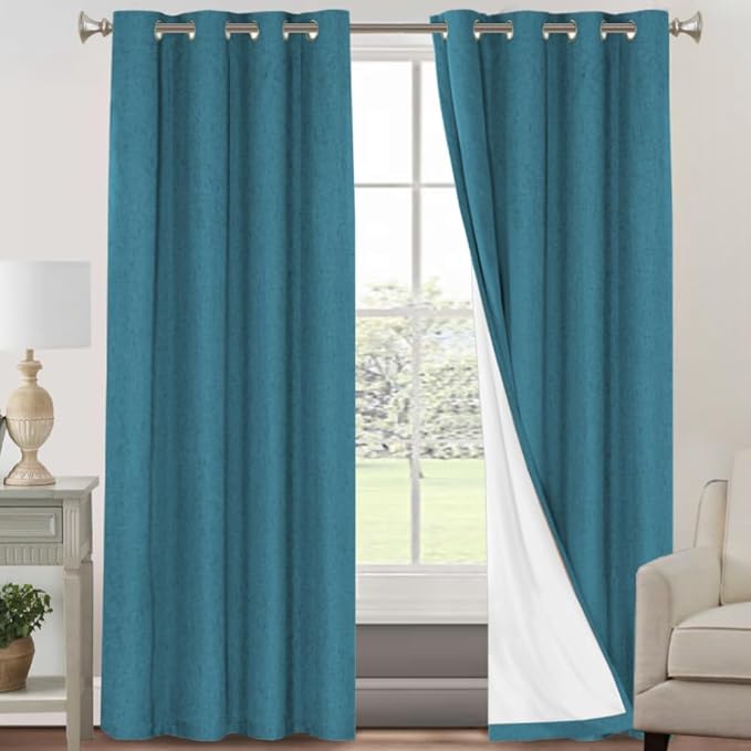 PrinceDeco Blackout Curtains for Bedroom 84" Long Thermal Insulated with White Liner Textured Linen Look Curtain Draperies, Grommet Vertical Drapes Privacy for Hall Room, 2 Panels, Blue Sapphire