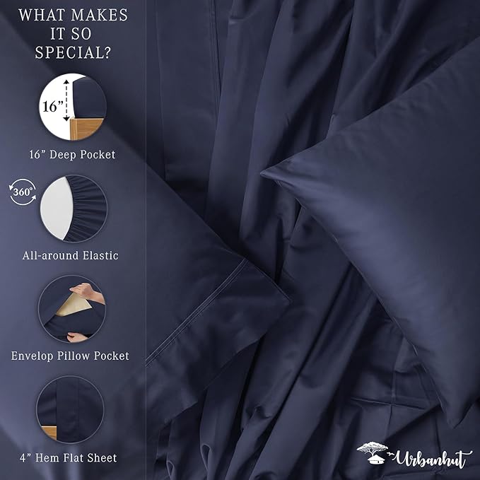 URBANHUT 800 Thread Count 100% Cotton California King Size Sheets, Luxury 4 Piece Cal King Bedsheets, Hotel Sheets Sateen Finish - Better Than Egyptian, 16" Elasticized Deep Pocket - Navy Blue