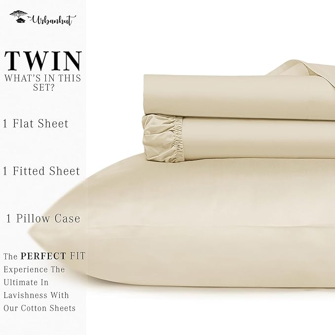 URBANHUT 800 Thread Count 100% Cotton Twin Size Sheets, Luxury 4 Piece Twin Bedsheets, Hotel Sheets Sateen Finish - Better Than Egyptian, 14" Elasticized Deep Pocket - Ivory
