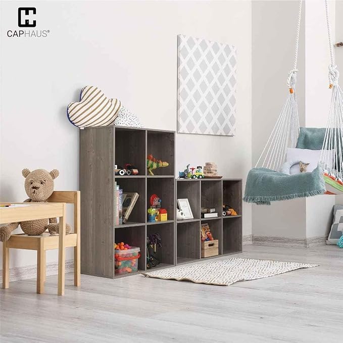 CAPHAUS Sturdy Room 11-Inch Cube Storage Organizer Shelf, with Thick Exterior Edge, Storage Shelf Divider w/Back, Bookcase, 9-Cube, Rustic Grey Oak
