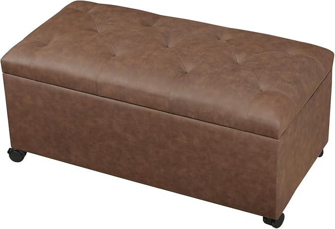 Joveco Storage Ottoman Bench 35" Faux-Leather Rectangular Tufted Ottomans Storage Room Organizer with Wheels(Matte Chocolate)
