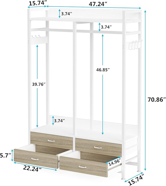 Tribesigns Freestanding Closet Organizer for Hanging Clothes, Heavy Duty Garment Rack with 4 Drawers, 8 Hooks and Storage Shelves, Wardrobe Closet Clothing Rack for Bedroom, Living Room, White Walnut