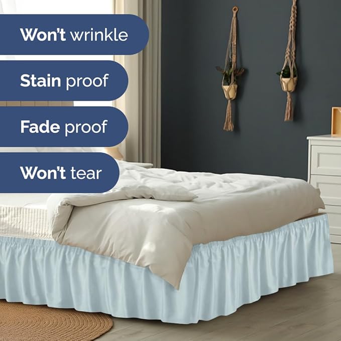 Wrap Around Dust Ruffle Bed Skirt - Ice Blue - for Full Size Beds w/ 15 Inch Drop - Easy Fit Elastic Strap - Adjustable Pleated Bedskirt w/Brushed Fabric - Wrinkle Free - for Women, Men, Kids & Teens