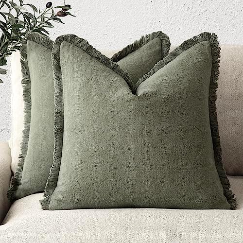 Foindtower Decorative Linen Fringe Throw Pillow Covers 22×22 Olive Green by Foindtower