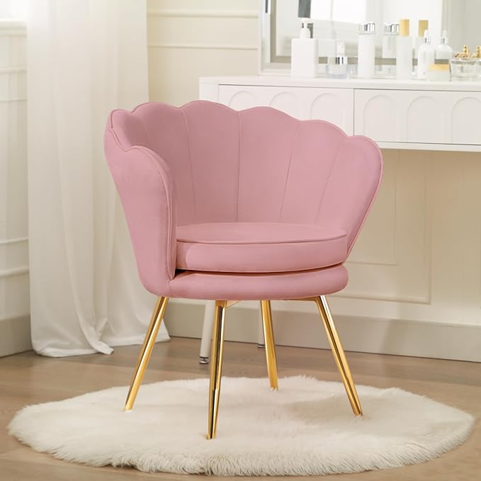 Accent Chairs Set of 2, Velvet Vanity Chair with Back, Mid-Century Modern Small Accent Chair for Living Room, Golden Metal Legs Upholstered Makeup Chair, Bedroom Armchair, Pink
