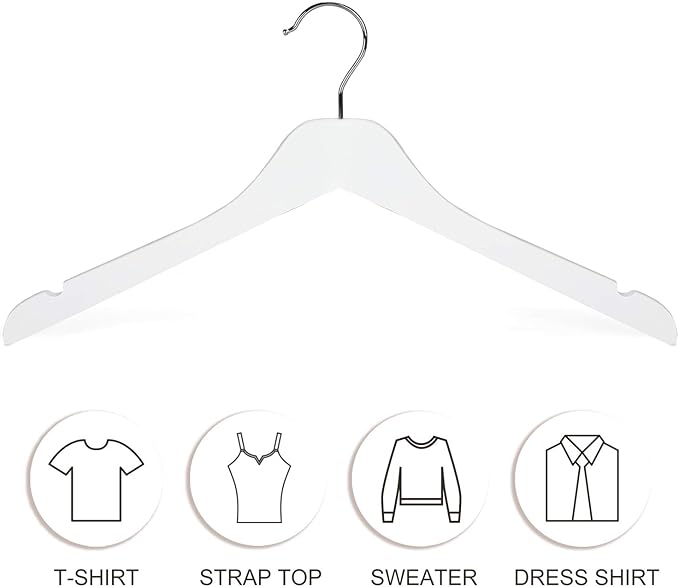 TOPIA HANGER White Wooden Hangers 30 Pack, 0.28 inch Slim Wood Clothes Hanger with Flat Design and Smooth Notches, Lightweight & Durable Space Saving Hangers for Shirt, Coat, Camisole-CT31W