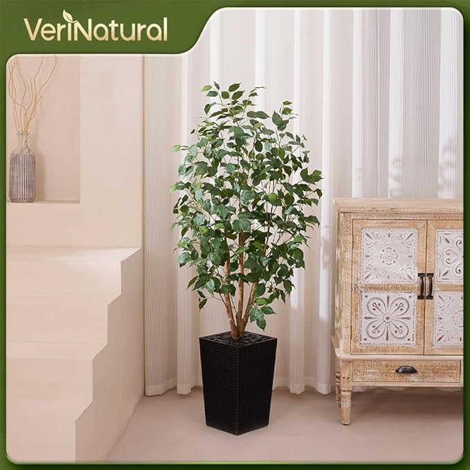 5ft Artificial Ficus Tree,Tall Faux Tree with Silk Leaves & Real Wood Trunk,UV Resistant Potted Fake Plant with Pebbles & Planter-Indoor Outdoor Floor Plant for Home,Living Room,VN129