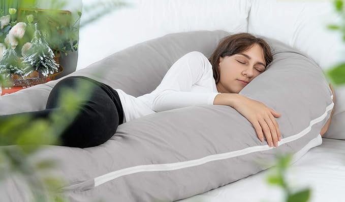 Meiz Pregnancy Pillows for Sleeping, Full Body Pregnancy Pillow with 300TC Comfy Pillowcase & Microfiber Inner Cover- for Back Support - 65 Inch (Grey)