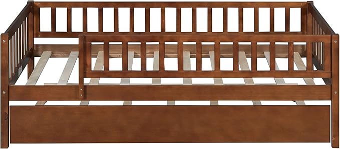 Bellemave Twin Bed Frames with Rails for Kids, Twin daybed Frame with Trundle for Boys/Girls/Adults， Walnut