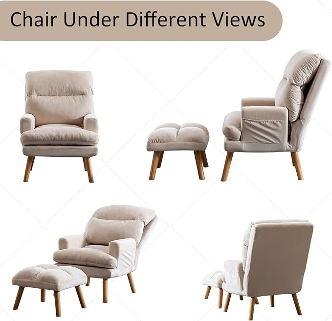 INZOY Accent Chairs with Ottoman Set, Modern Velvet Armchair with Adjustable Backrest, Comfy Lounge Chair for Living Room Bedroom, Creamy
