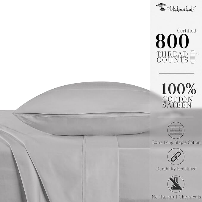 URBANHUT 800 Thread Count 100% Cotton Twin Size Sheets, Luxury 4 Piece Twin Bedsheets, Hotel Sheets Sateen Finish - Better Than Egyptian, 14" Elasticized Deep Pocket - Silver Grey