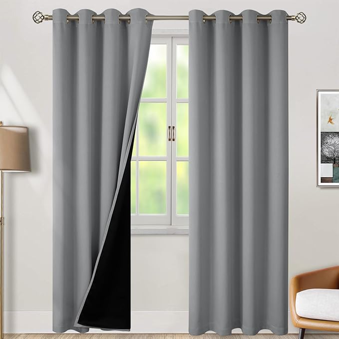 BGment Thermal Insulated 100% Blackout Curtains 90 Inch Length 2 Panels, Total Light Blocking Curtains for Bedroom, Grommet Window Drapes with Thick Black Liner, 52 Inch Wide Each Panel, Dove Grey